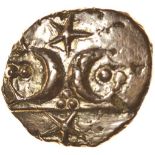 Freckenham Crescents. Phallic Type. c.20BC-AD10. Celtic gold stater. 15-18mm. 5.32g.