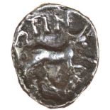 Tincomarus Bull Right. c.25BC-AD10. Celtic silver unit. 11-13mm. 1.05g.