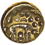 Norfolk Wolf. Right Type. c.50-15 BC. Celtic gold stater. 16mm. 6.07g.