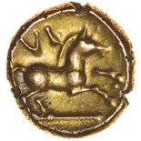 Verica Little Horse Rearing. Comi Type. c.AD 10-40. Celtic gold quarter stater. 8mm. 1.17g.