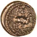 Verica Warrior Rex. c.AD10-40. Celtic gold stater. 16mm. 5.32g.