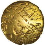 Gallo-Belgic Broad Flan. Left Type.c.115-100 BC. Large-flan Celtic gold stater. 22mm. 7.26g.