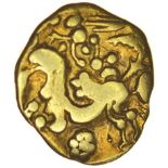 Gallo-Belgic Broad Flan. Bellovaci. c.115-100 BC. Celtic gold quarter stater. 13-15mm. 1.79g.
