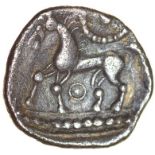 Serpent Proto Boar. Rich Type 1b.c.55-45 BC. Celtic silver unit. 14mm. 1.33g.