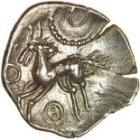 Spilsby Stag with Torcs. Rich Type 12a variant. c.55-45 BC. Celtic silver unit. 15mm. 1.35g