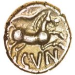 Cunobelinus Linear. Sills Class 2.c.AD8-41. Celtic gold quarter stater. 10mm. 1.36g.