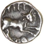 Tincomarus Bull Right. c.25BC-AD10. Celtic silver unit. 10mm. 1.26g