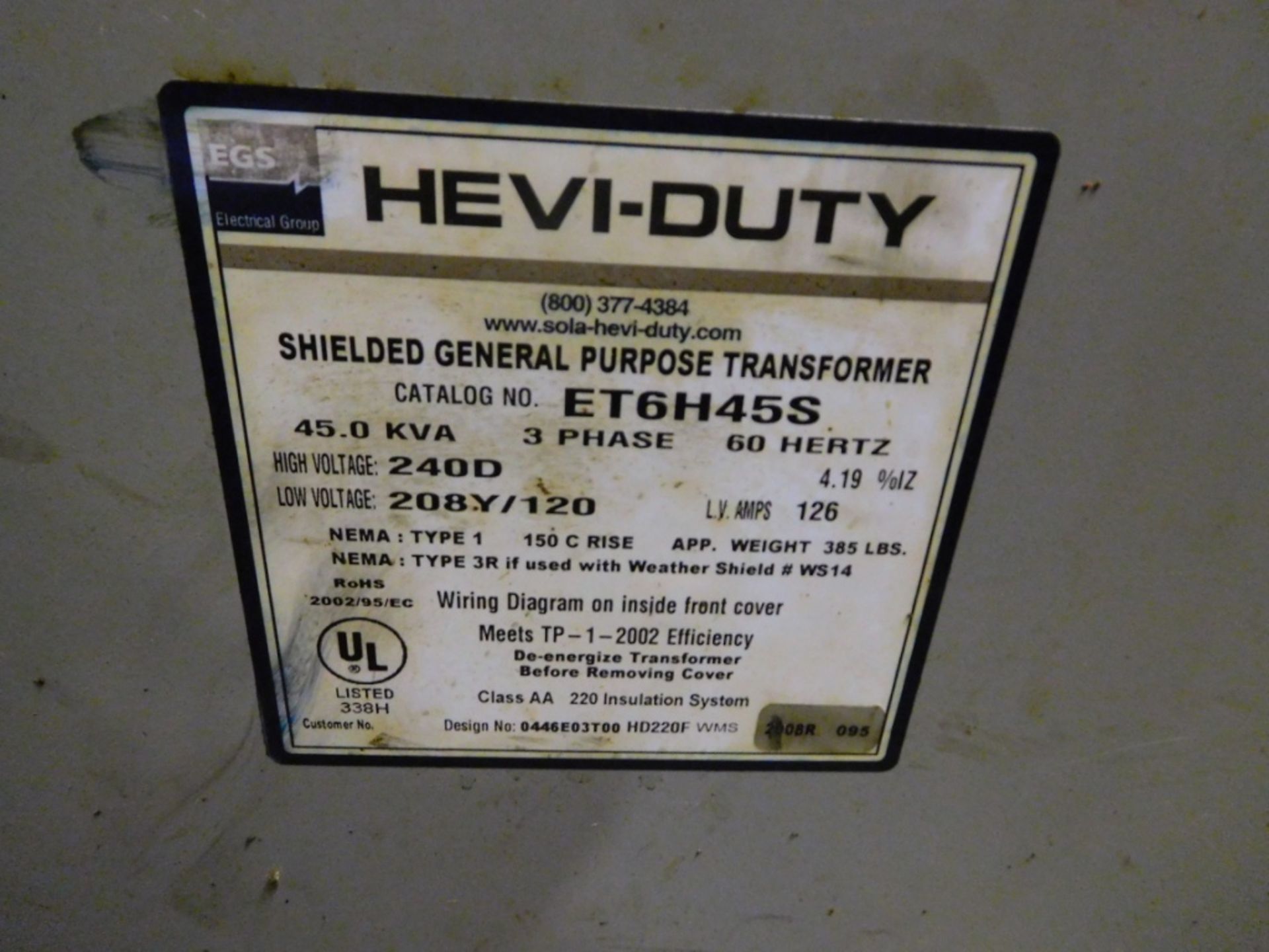 EGS Sola Hevi Duty Transformer ET6H45S - Image 2 of 3