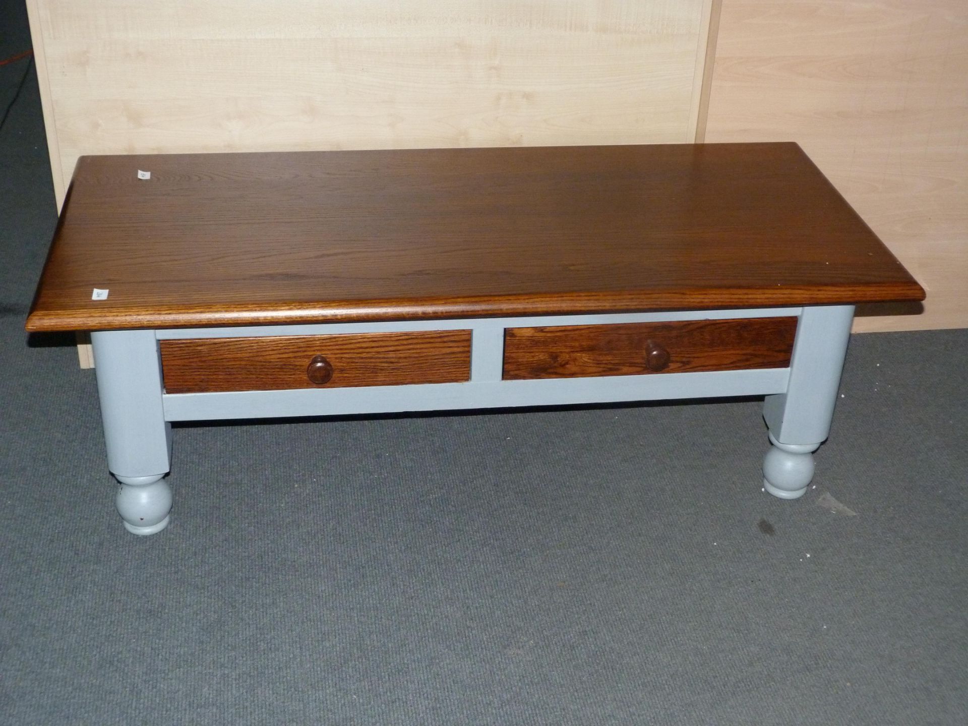 Large coffee table with two pull through drawers (H46cm, W136cm, D60cm) (est £40-£60)