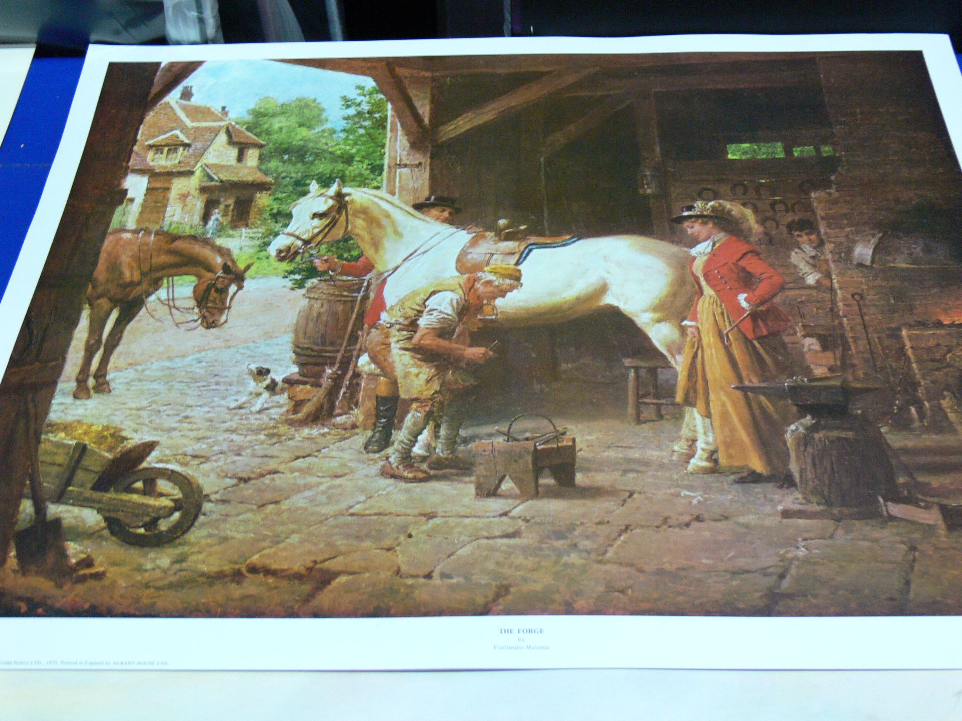 Five copies each of three coloured prints. 'The Forge' by Fortunino Matania (47cm x 56cm), 'Clearing