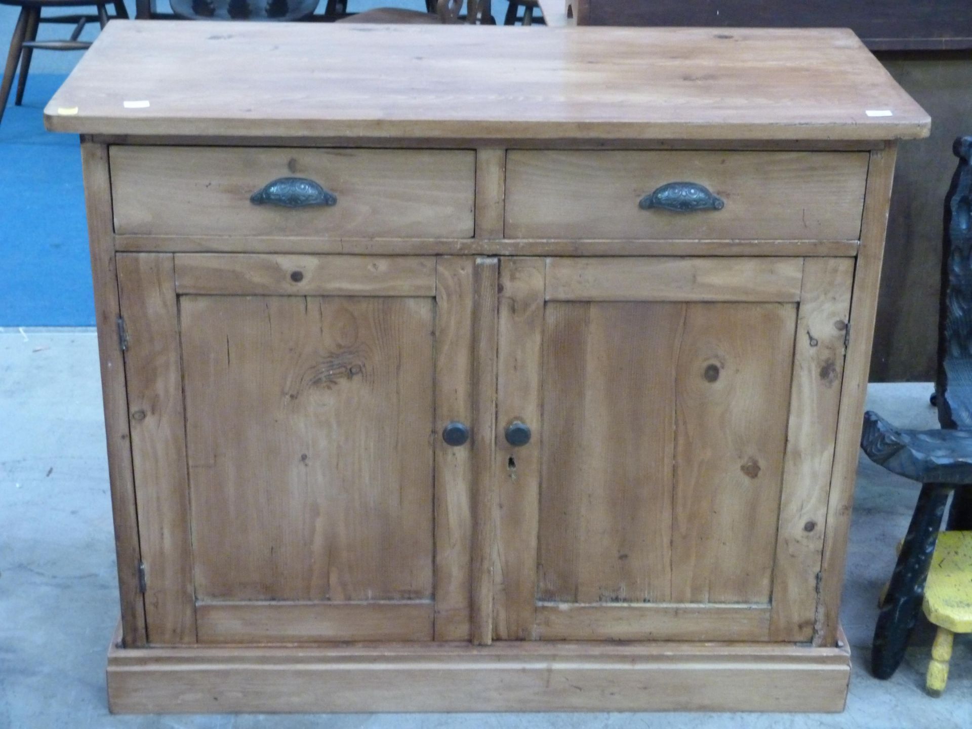 A metal handled two drawer, two door wooden cabinet (H89cm, L110cm, W49cm) & four drawer, drop