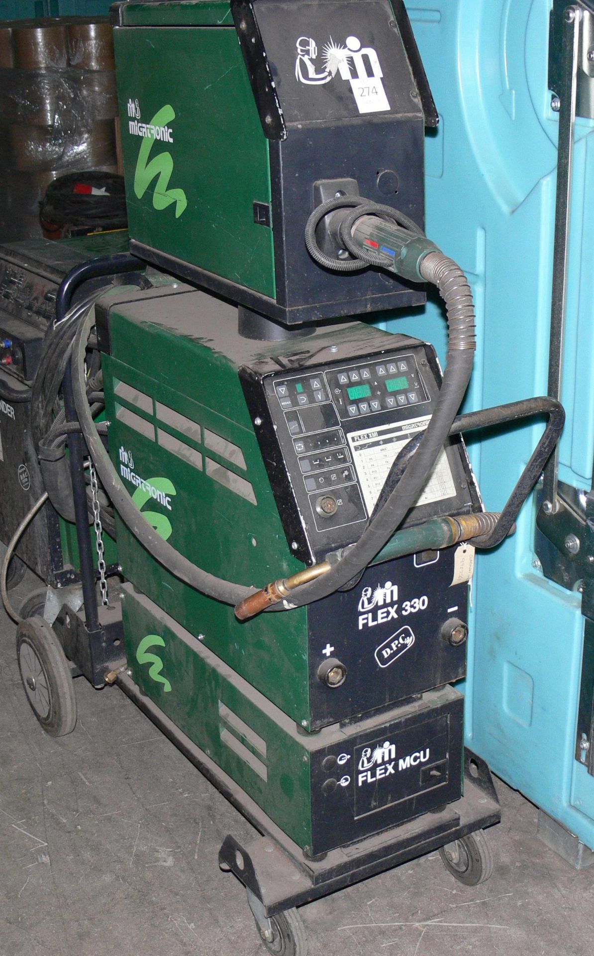 * A Migatronic Flex 330 c/w Migatronic Wire Feed Unit & Flex MCU Water Cooler Trolley Mounted MIG