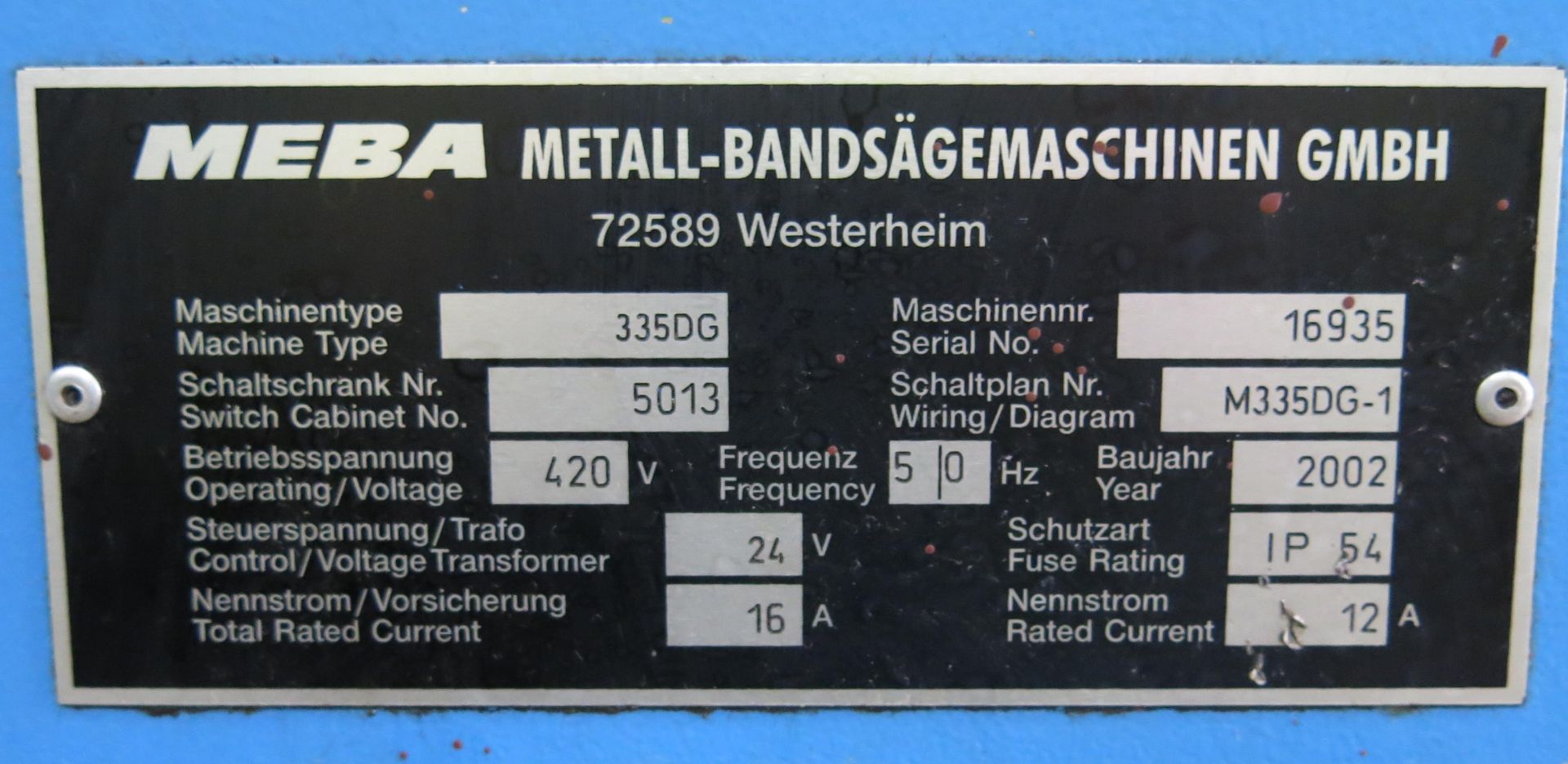 * A MEBA Eco-Line 335 DG Horizontal Metal Cutting Mitre Bandsaw, 420V, s/n 16935, yom 2002. - Image 4 of 11