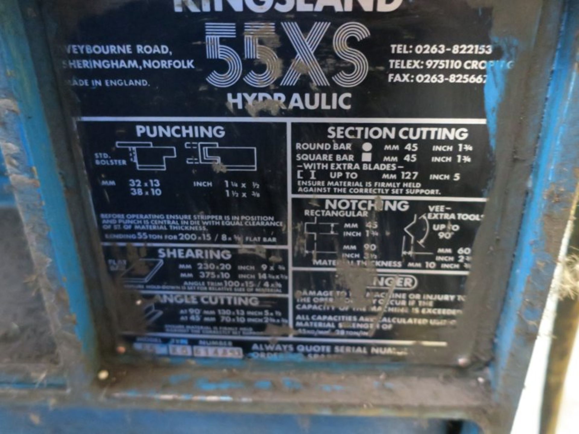 * Kingsland 55XS Hydraulic Punch & Shear, Model 55, Type XS, Number 614893. Supplied with a - Image 6 of 8