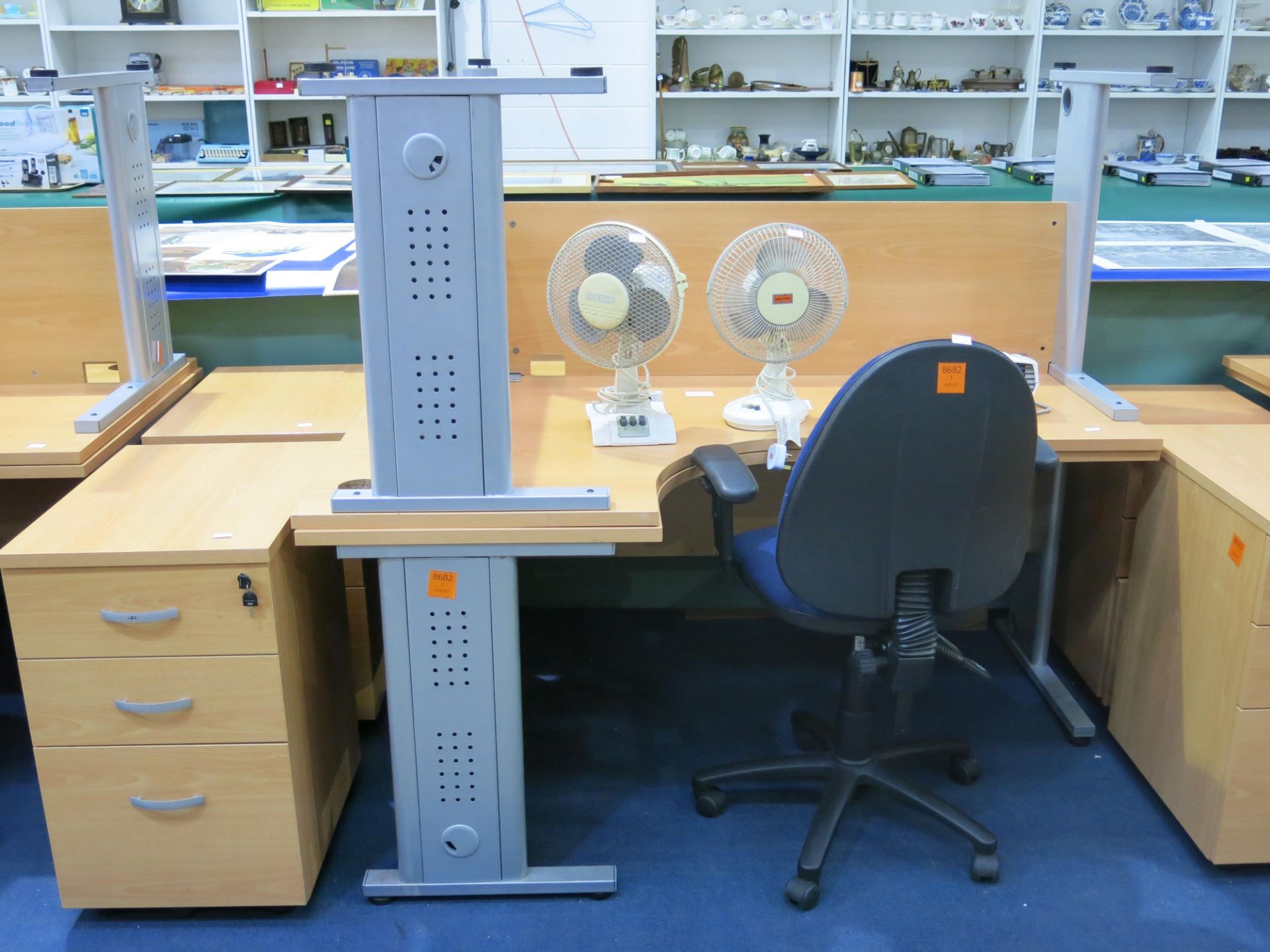 * 2 x Corner office desks, 2 x pedestals, 2 x desktop fans, 1 x heater, 1 x operators chair