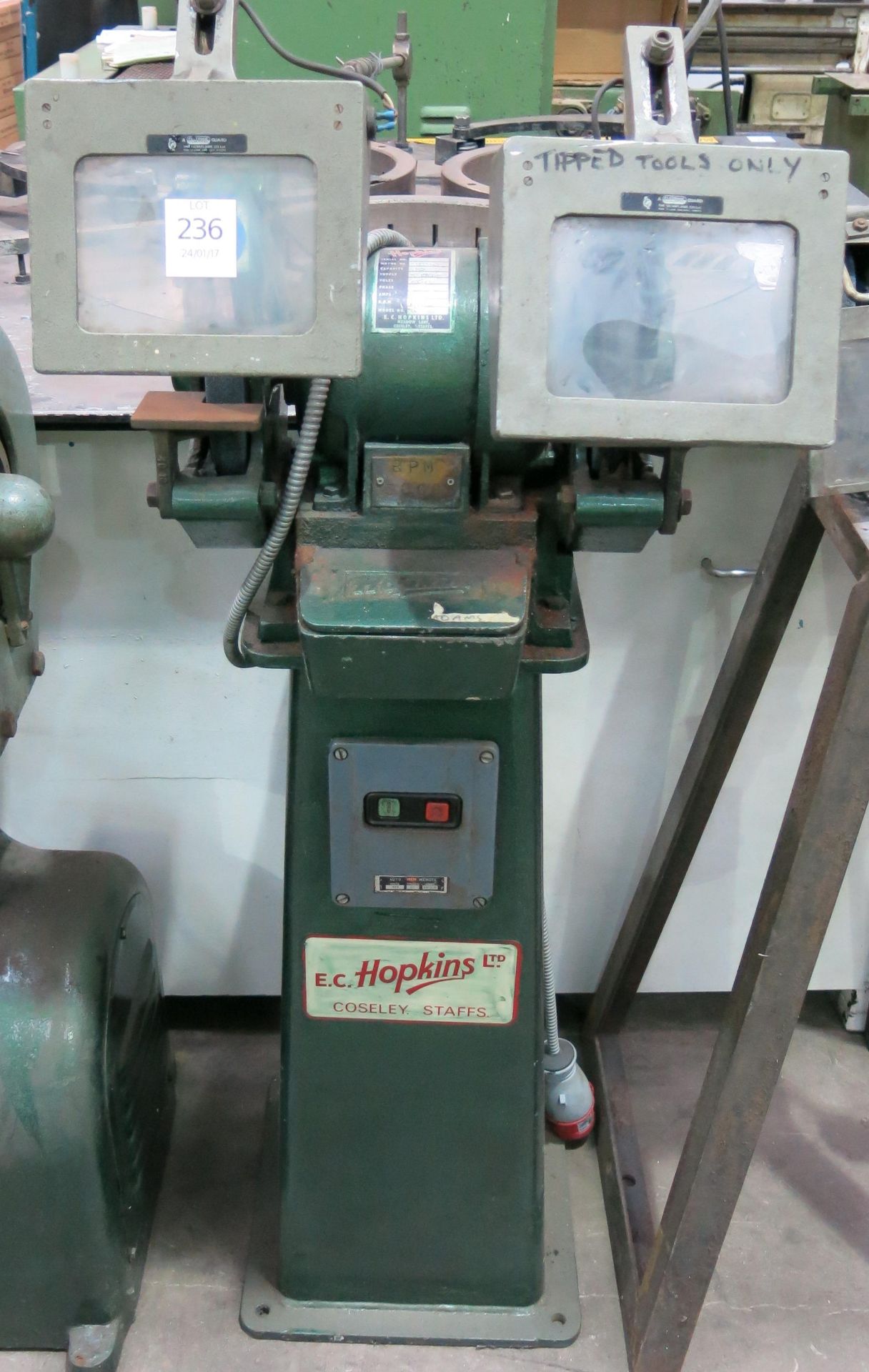 * An EC Hopkins 3PH twin head pedestal grinder s/n 7139. Please note there is a £5 + VAT Lift Out