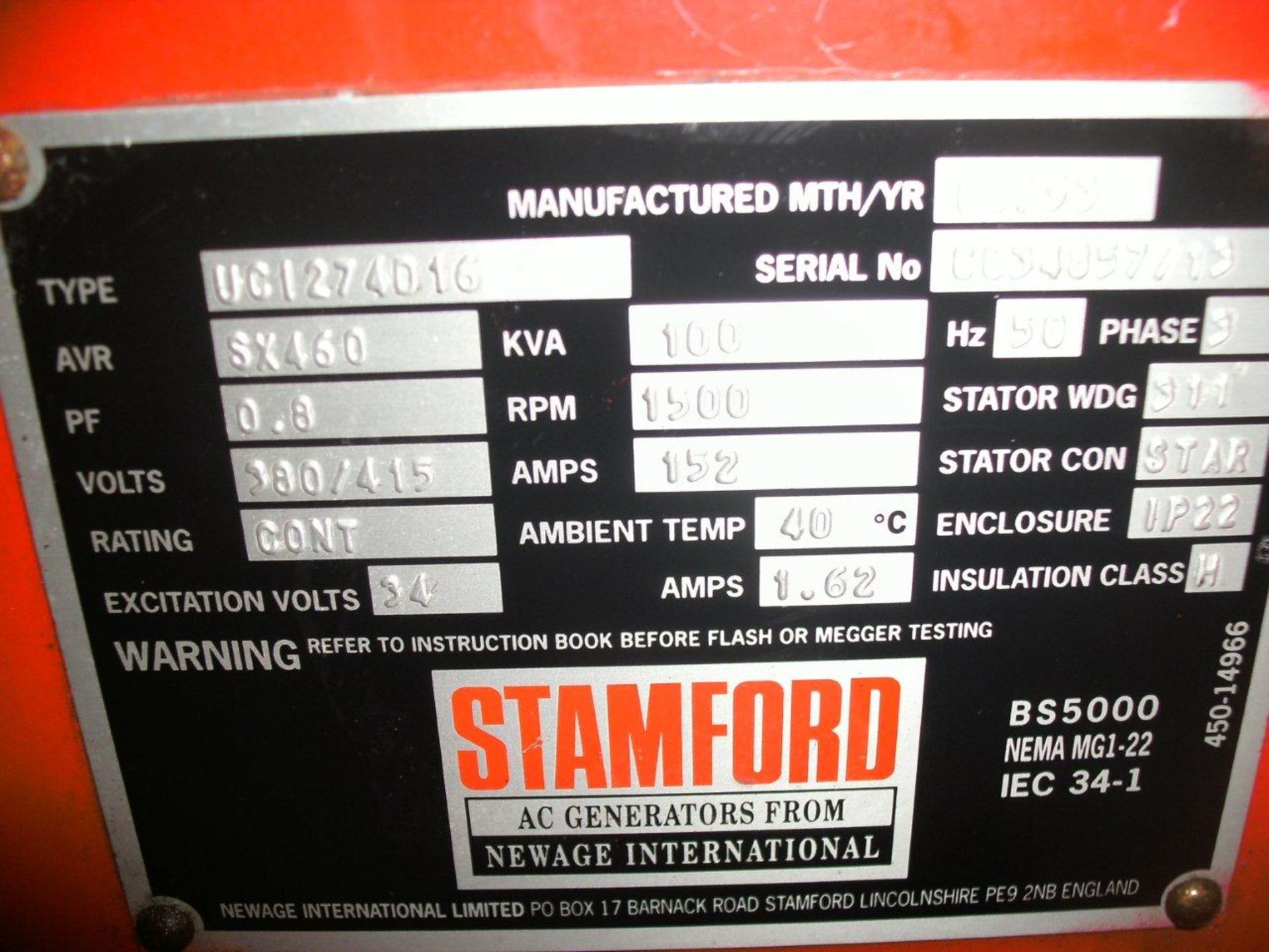 * An Iveco Straight 6 Turbo, 8061 Si 15, Alternator Make: Stamford, 100KVA, 50Hz, 3PH, 1500RPM, - Image 3 of 4