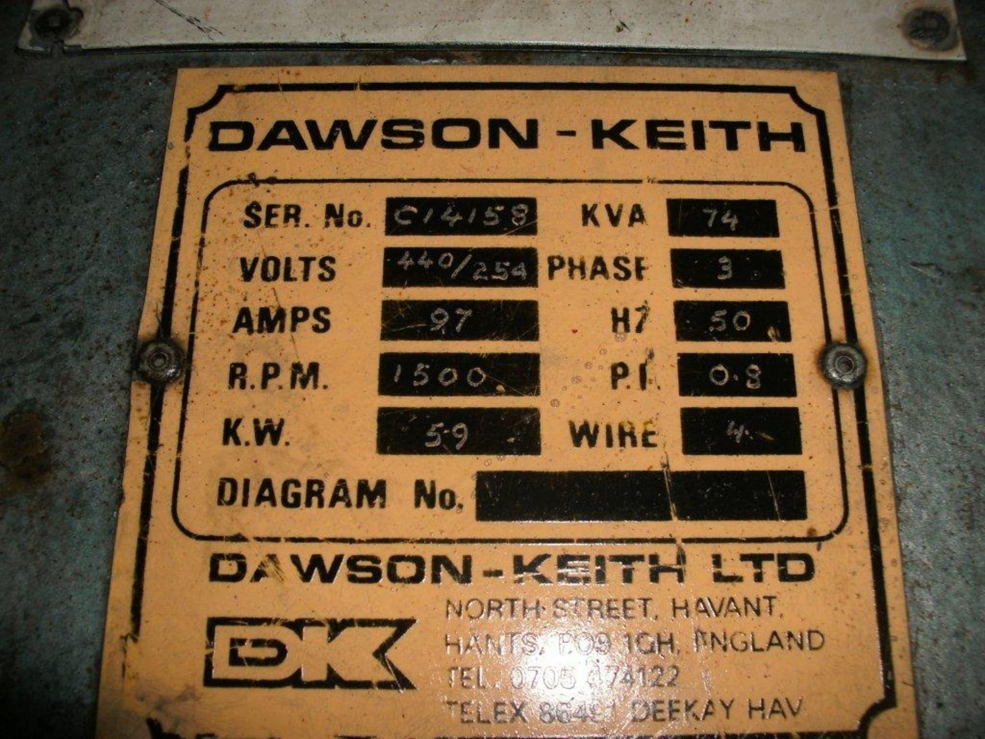 * A DAF Straight 6 Turbo, 615, Alternator Make: Dawson Keith, 74KVA, 50Hz, 3PH, 1500RPM, 97.1AMP, - Image 2 of 2