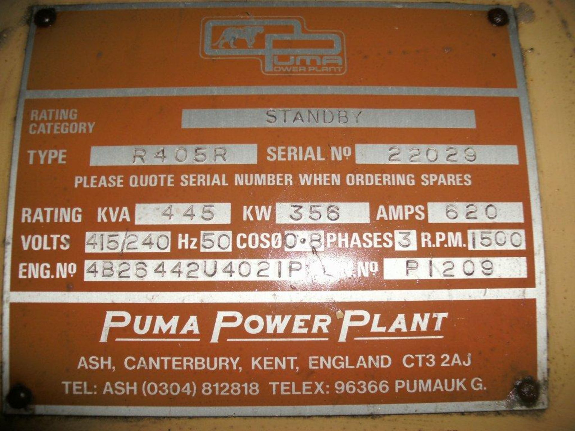 * A Rolls Royce V8, CV8, Alternator Make: Puma, 445KVA, 50Hz, 3PH, 1500RPM, 626AMP, 240V, 1310hrs, - Image 2 of 2