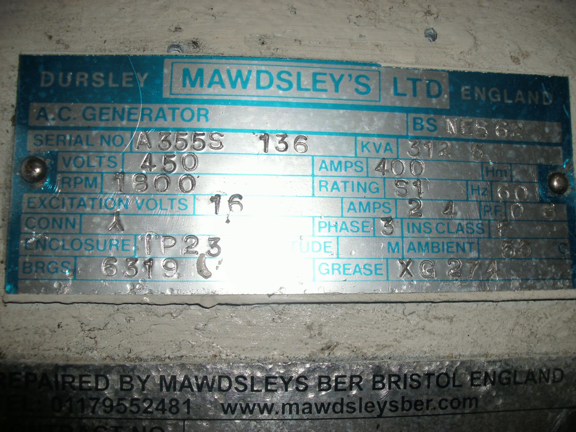 * A Perkins/Rolls Royce V8 Turbo, CV8, Alternator Make: Mawdsleys, 312KVA, 60Hz, 3PH, 1800RPM, - Image 6 of 6