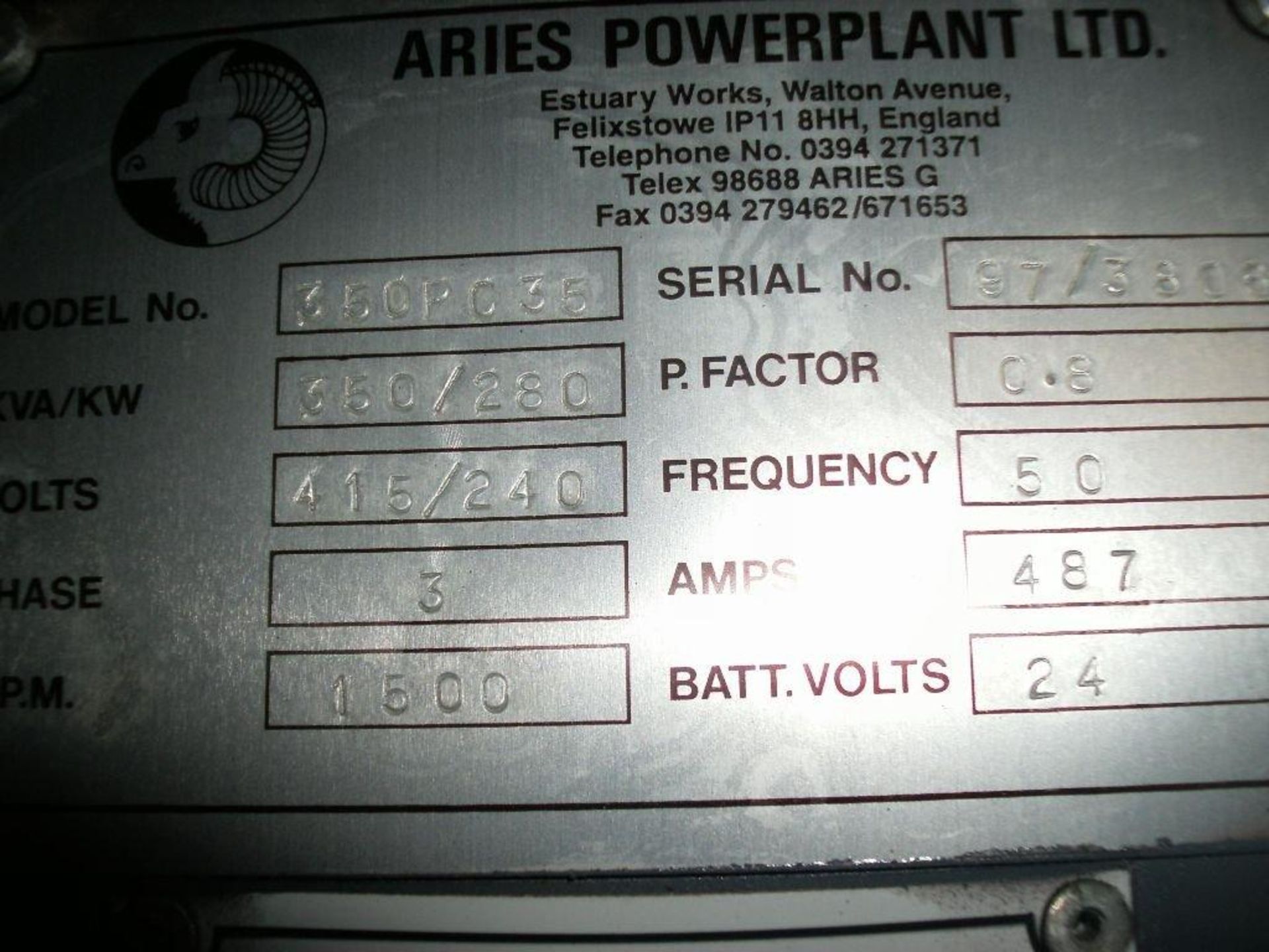 * A Perkins Straight 8 Turbo, 4008TESI, Alternator Make: Aries, 350KVA, 50Hz, 3PH, 1500RPM, - Image 5 of 6