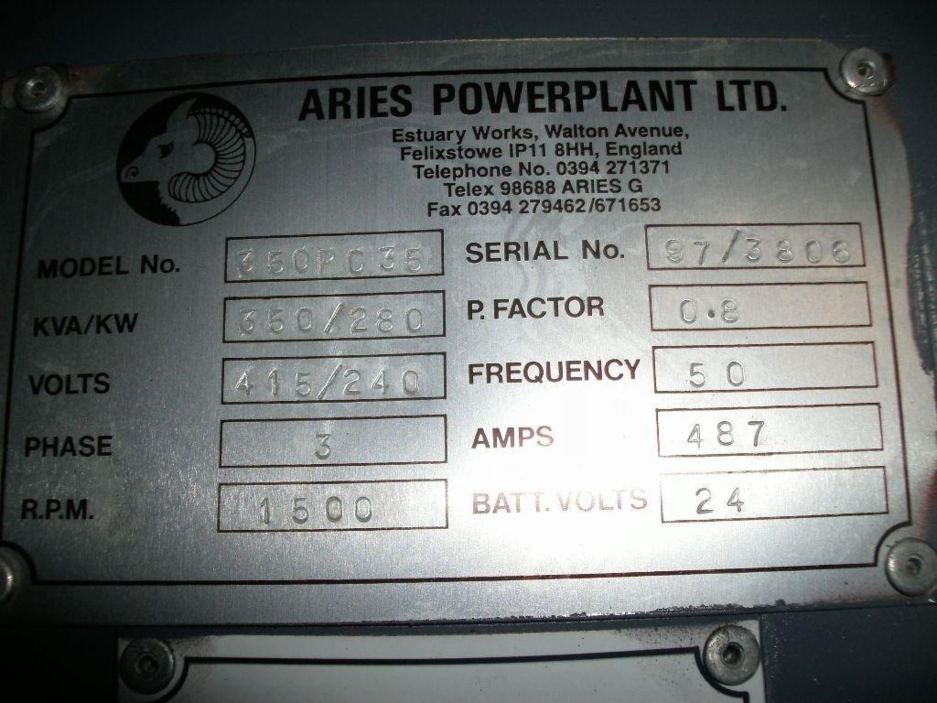 * A Perkins Straight 8 Turbo, 4008TESI, Alternator Make: Aries, 350KVA, 50Hz, 3PH, 1500RPM, - Image 3 of 6