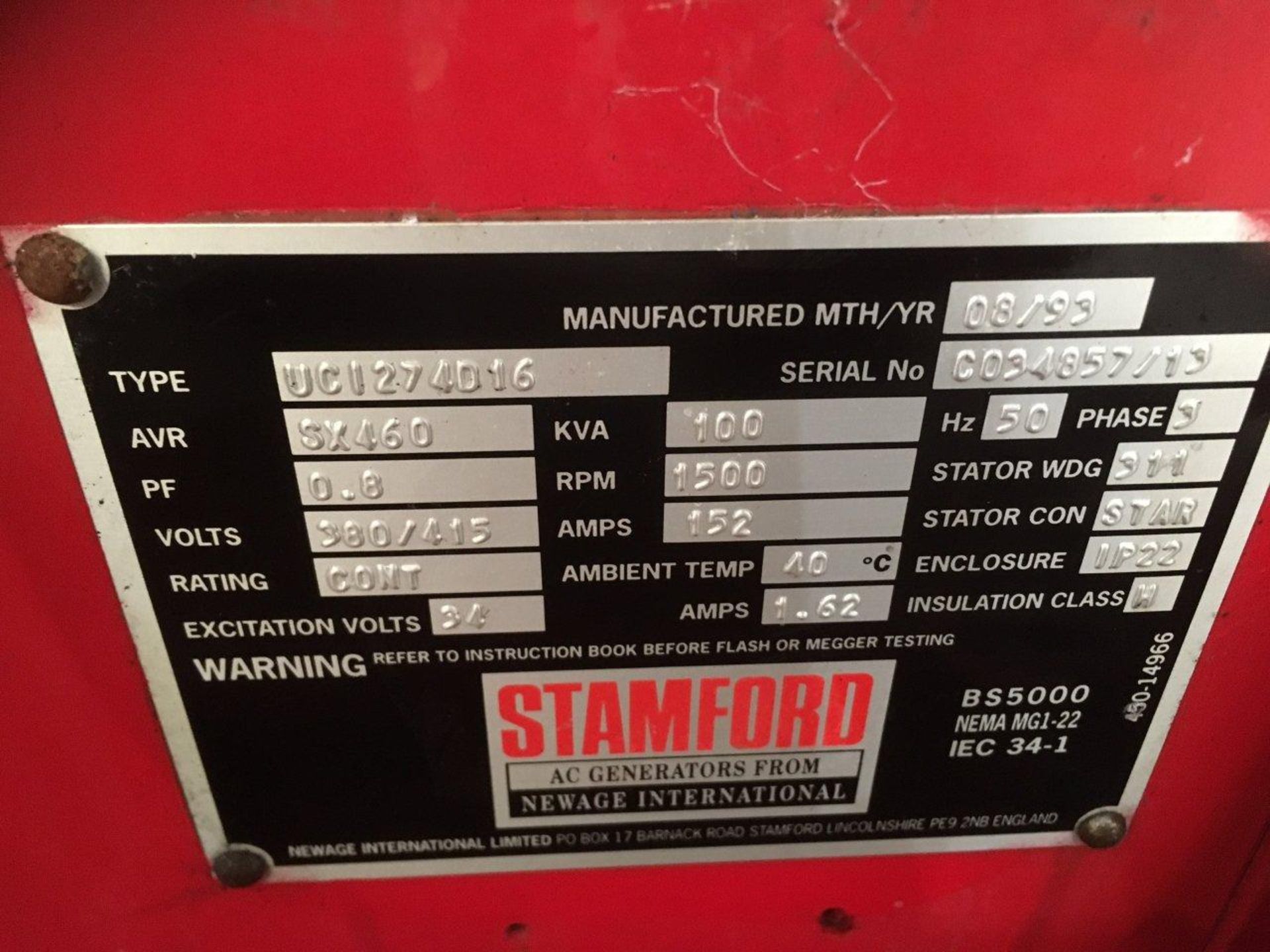 * An Iveco Straight 6 Turbo, 8061 Si 15, Alternator Make: Stamford, 100KVA, 50Hz, 3PH, 1500RPM, - Image 4 of 4