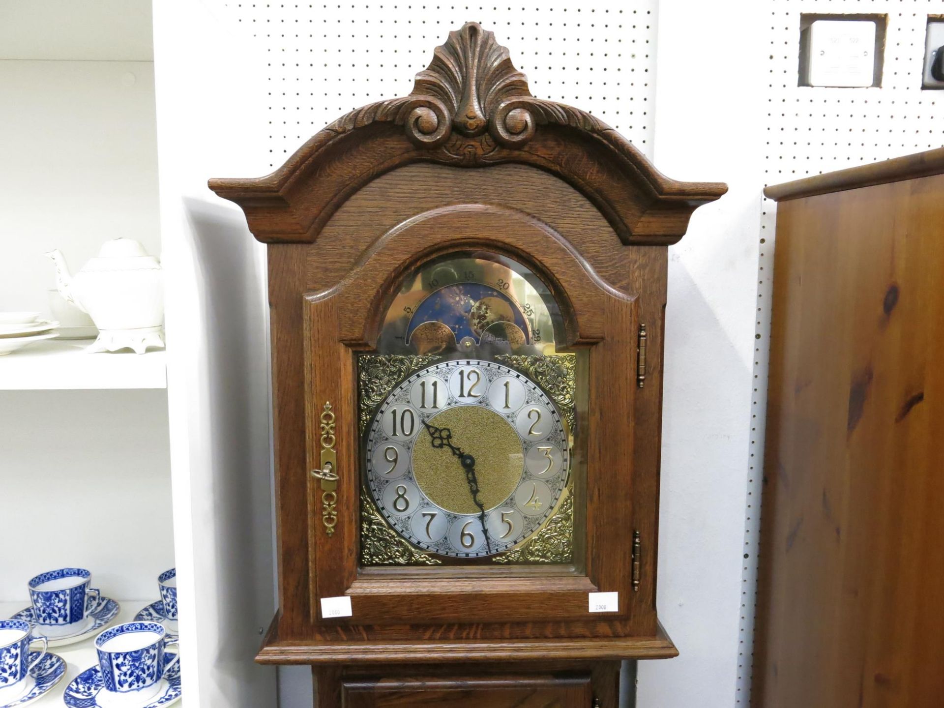 An oak framed longcase clock featuring various chimes (H193cm, W50cm, D26cm) (est £60-£100) - Image 2 of 5