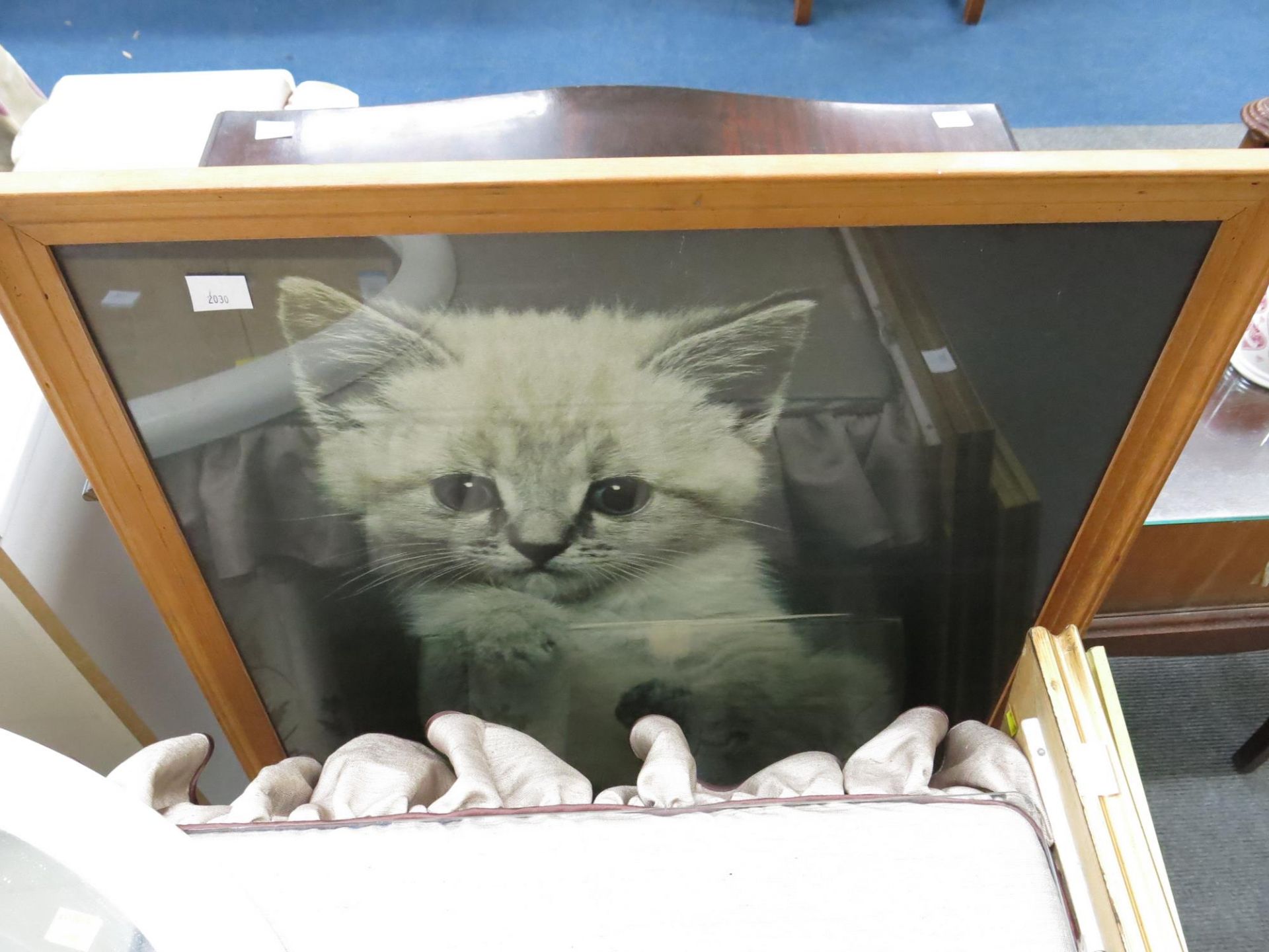 A fabric covered table with glass top together with a covered chair, Large framed picture of a - Image 7 of 8