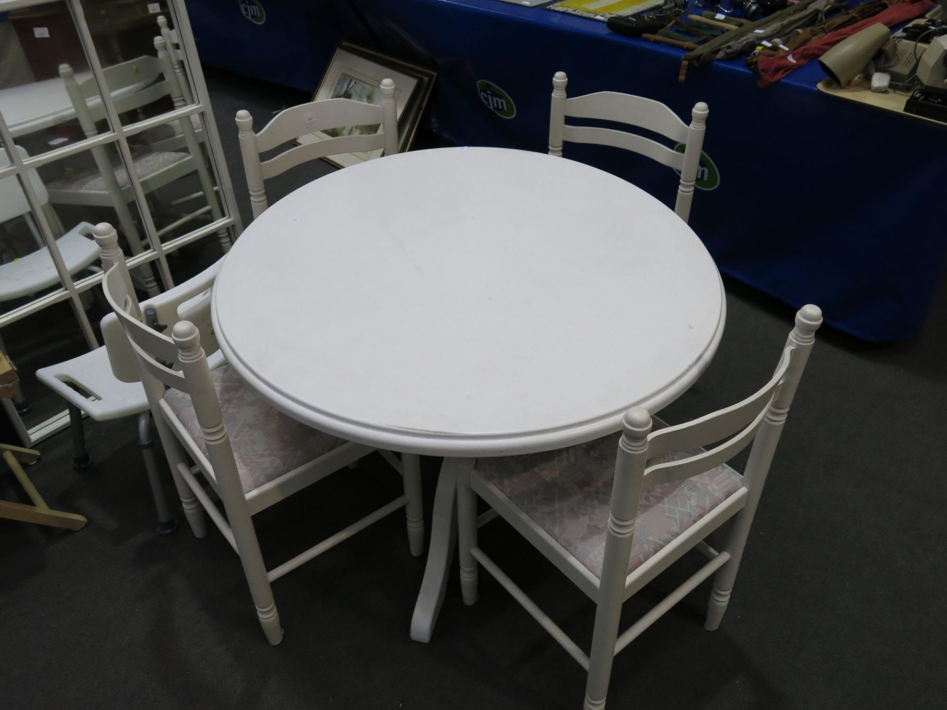 A painted circular table (104cm Diameter) together with four similar chairs with fabric covered - Image 2 of 5