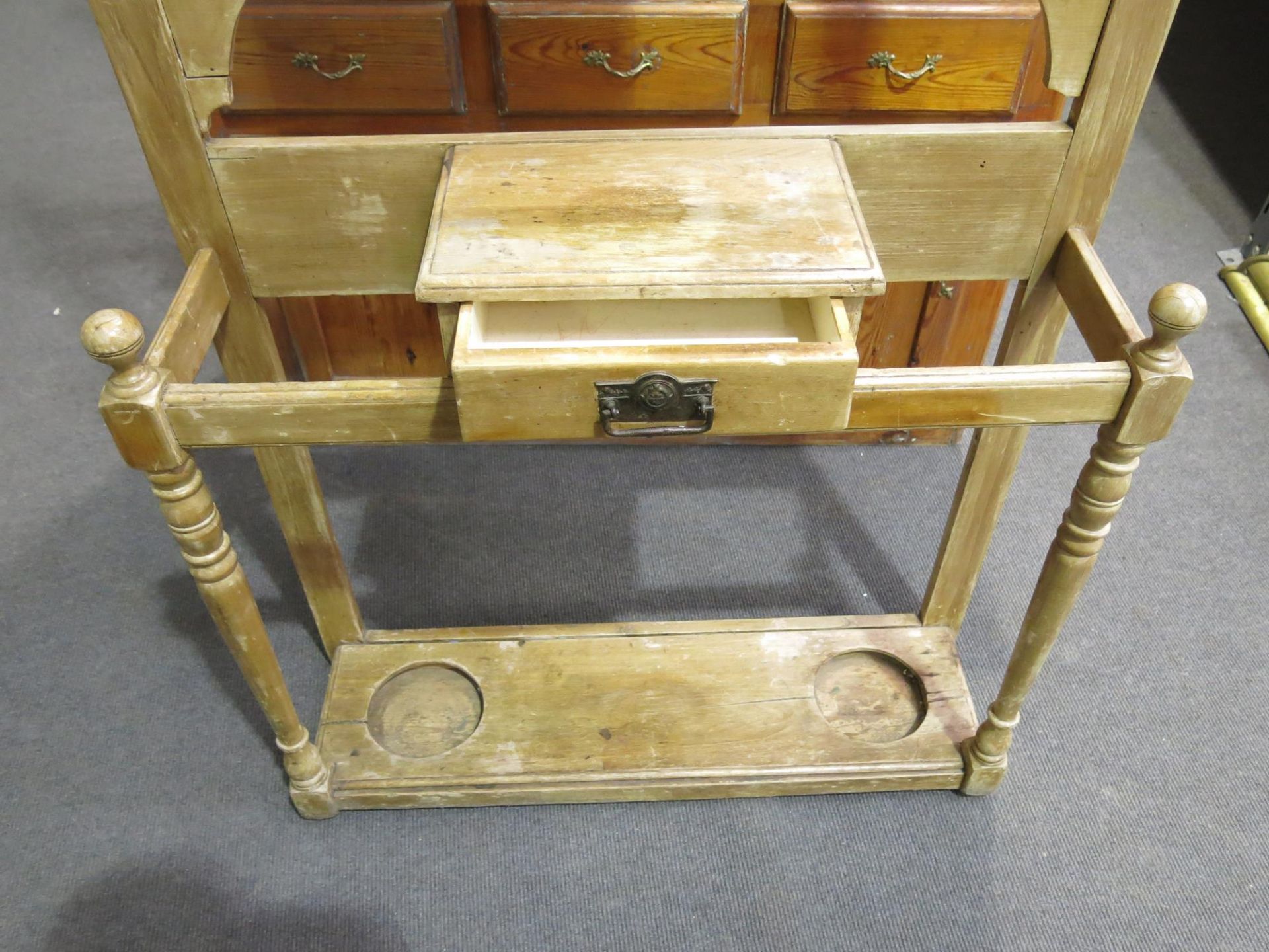 A pine hallway umbrella stand with mirror back panel and single drawer (H198cm W92cm D26) (est £ - Image 2 of 2