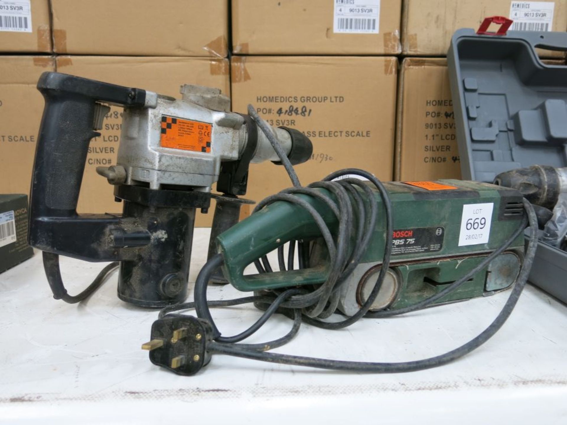 A Bosch belt sander and 2 x hammer drills