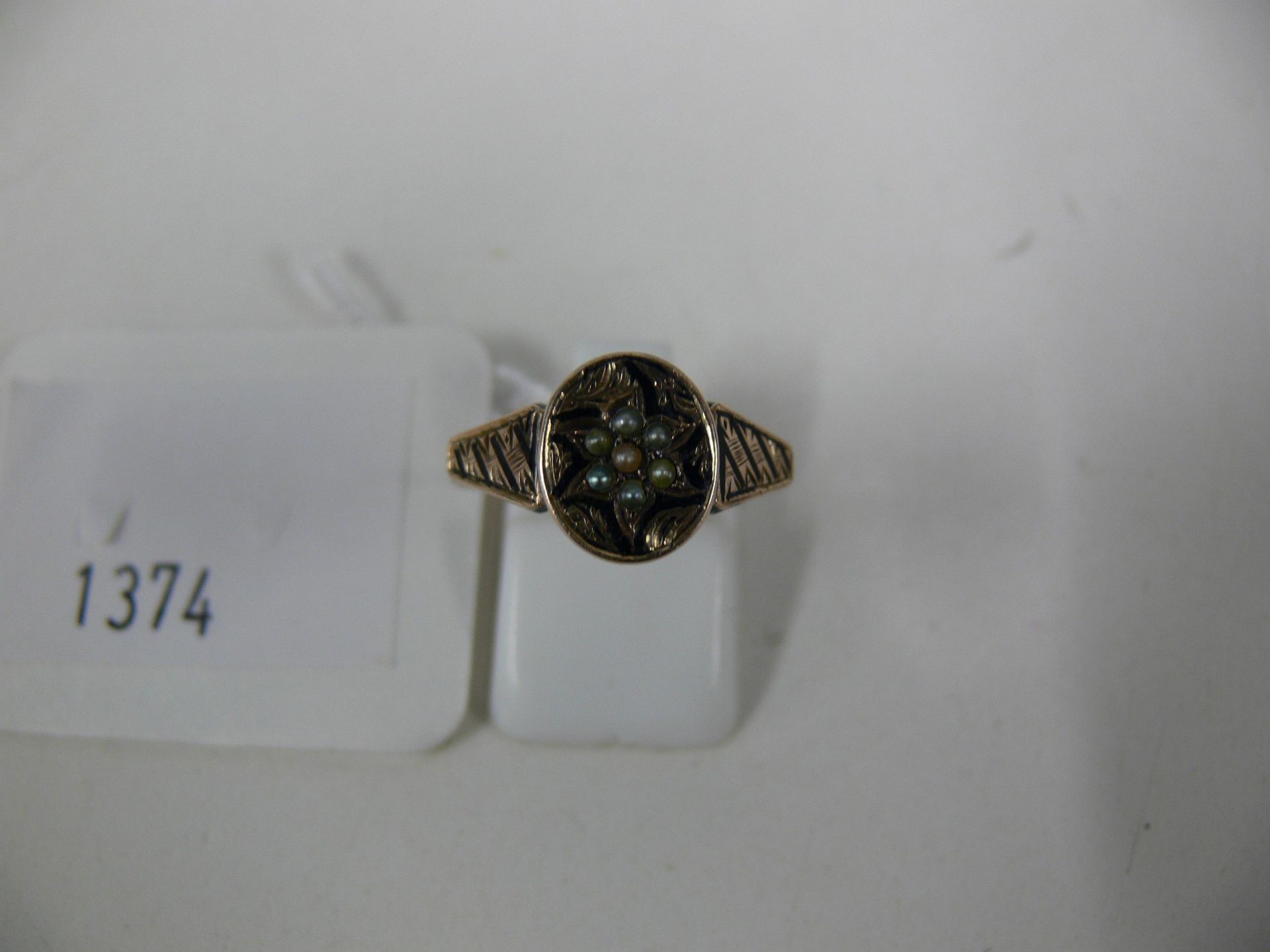 19th Century pearl set gold mourning ring (c.1870), size R (est £60-£80) - Image 2 of 3