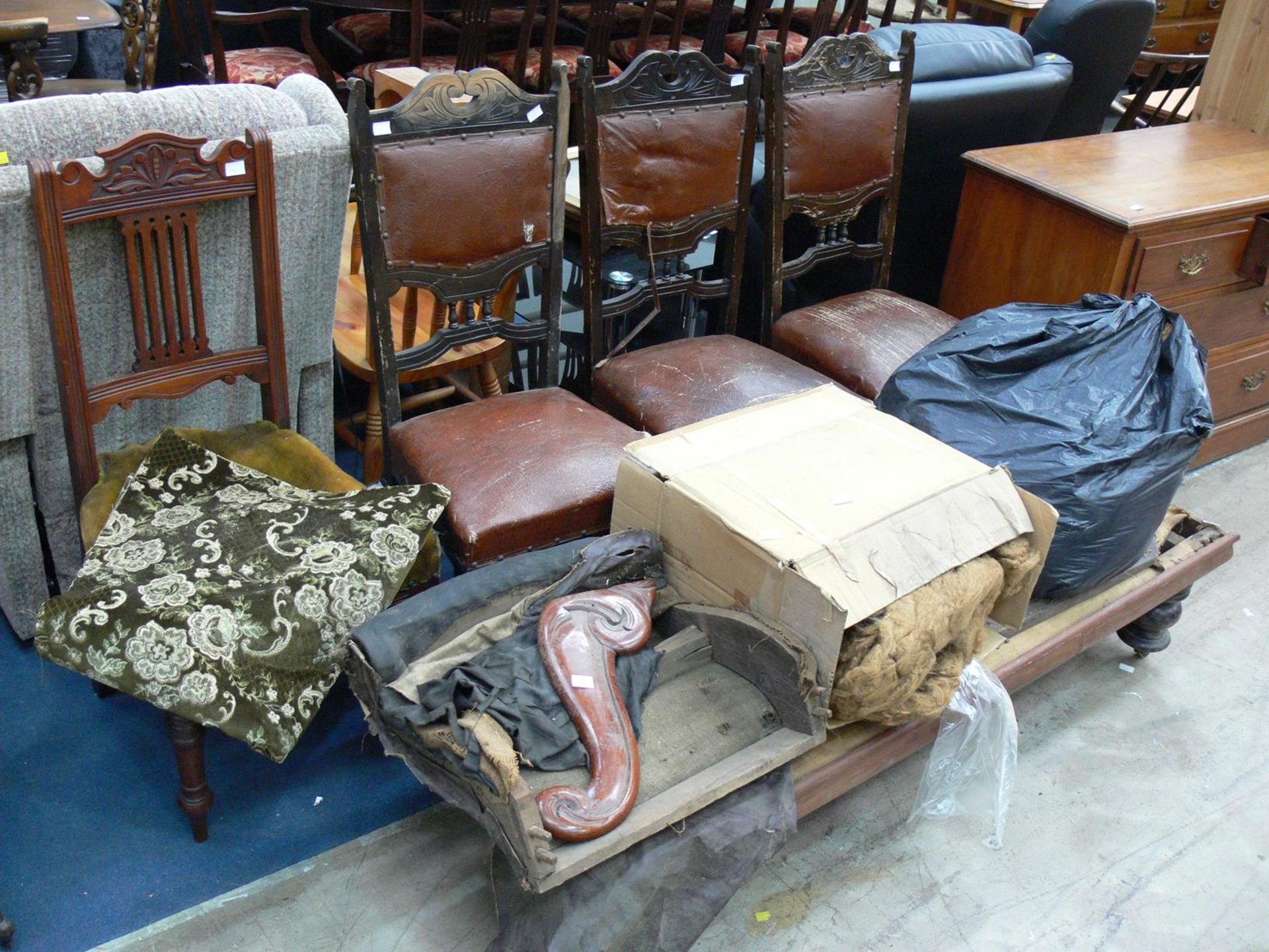 Five restoration pieces to include four upholstered panel back chairs and a Chaise longue (
