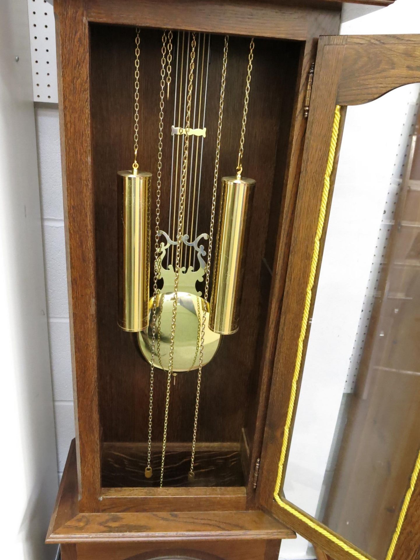 An oak framed longcase clock featuring various chimes (H193cm, W50cm, D26cm) (est £60-£100) - Image 4 of 5