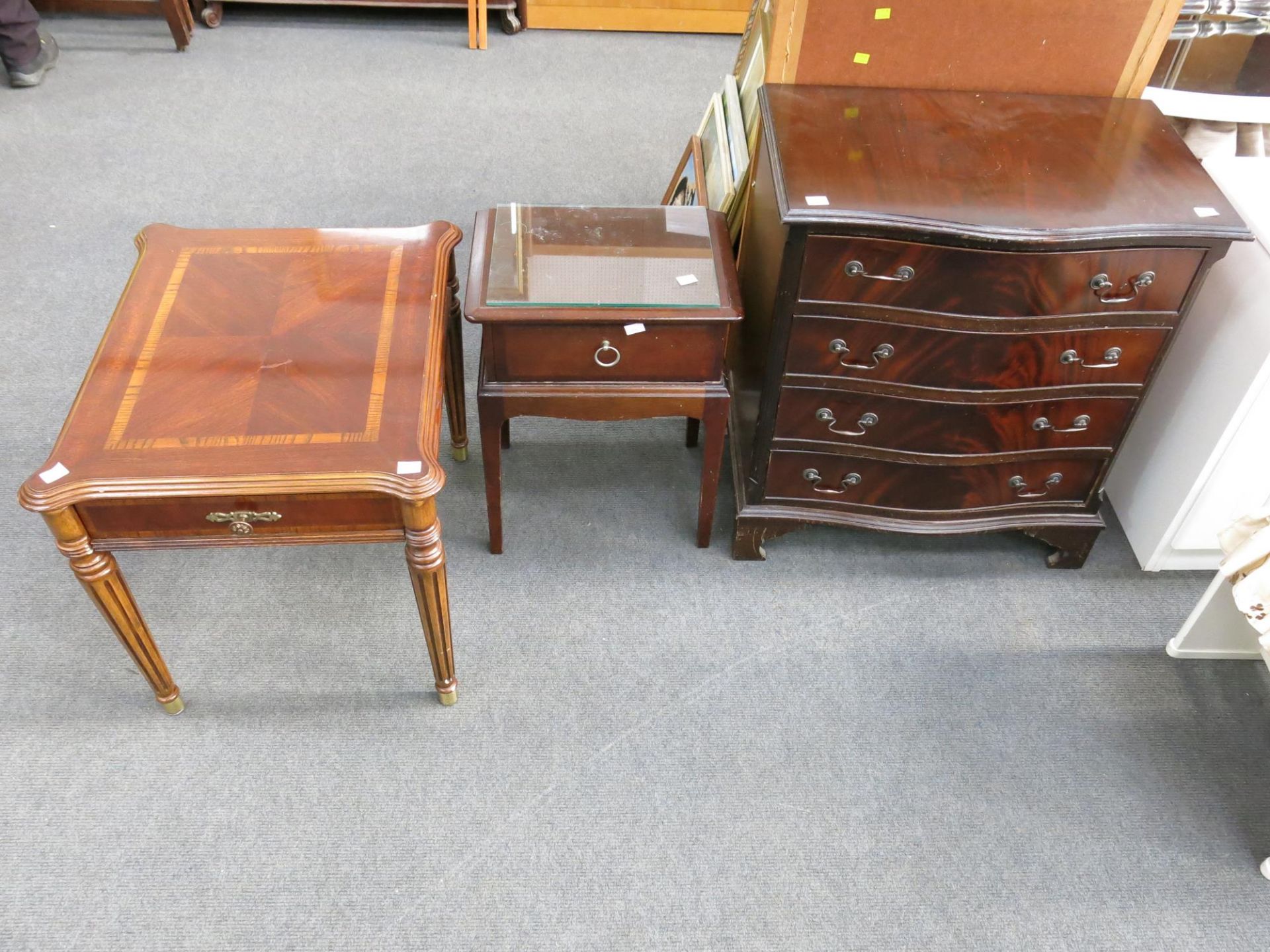 A Stag bedside cabinet with single drawer (Height 59cm, Width- 45cm, Diameter- 32cm) A chest of four