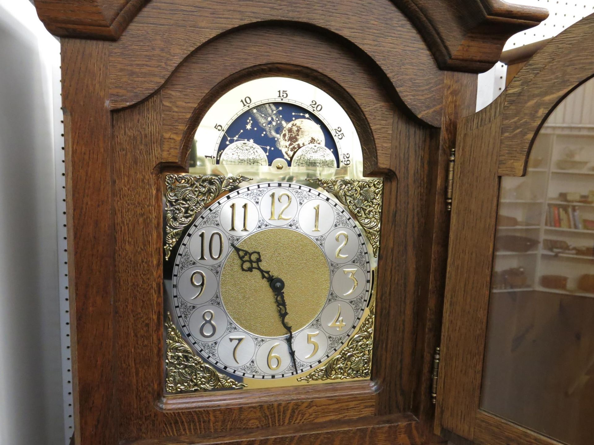 An oak framed longcase clock featuring various chimes (H193cm, W50cm, D26cm) (est £60-£100) - Image 3 of 5