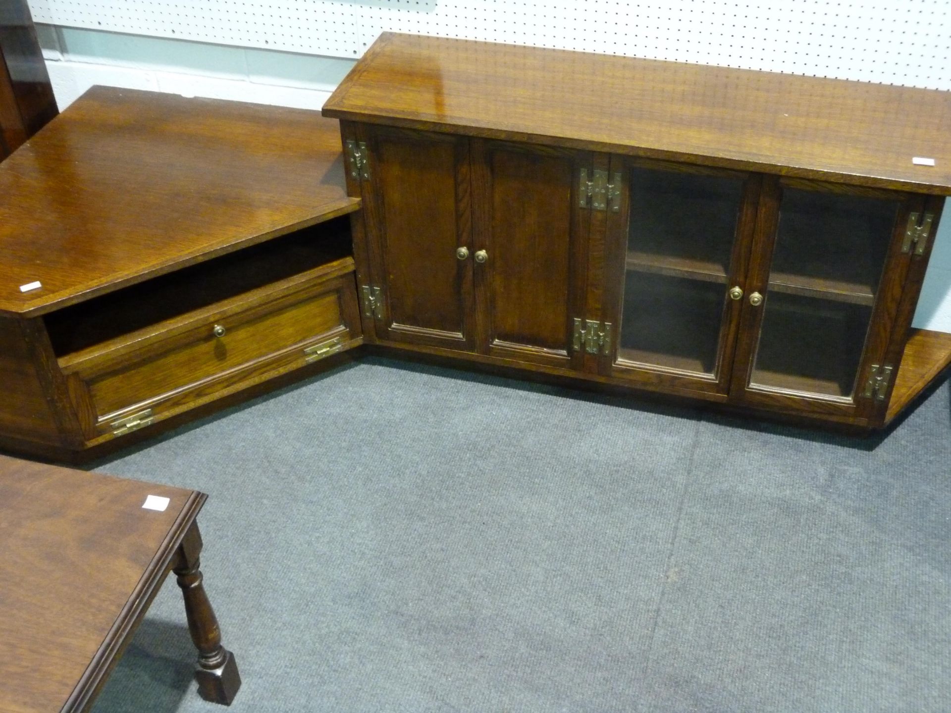 A dark wood TV cupboard with attached cupboard & display cupboard (H61cm, W194cm, D77cm) together