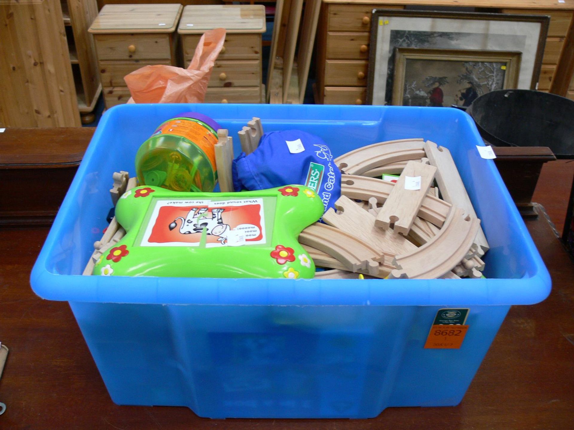 *A tub of children's toys to include a wooden train set etc