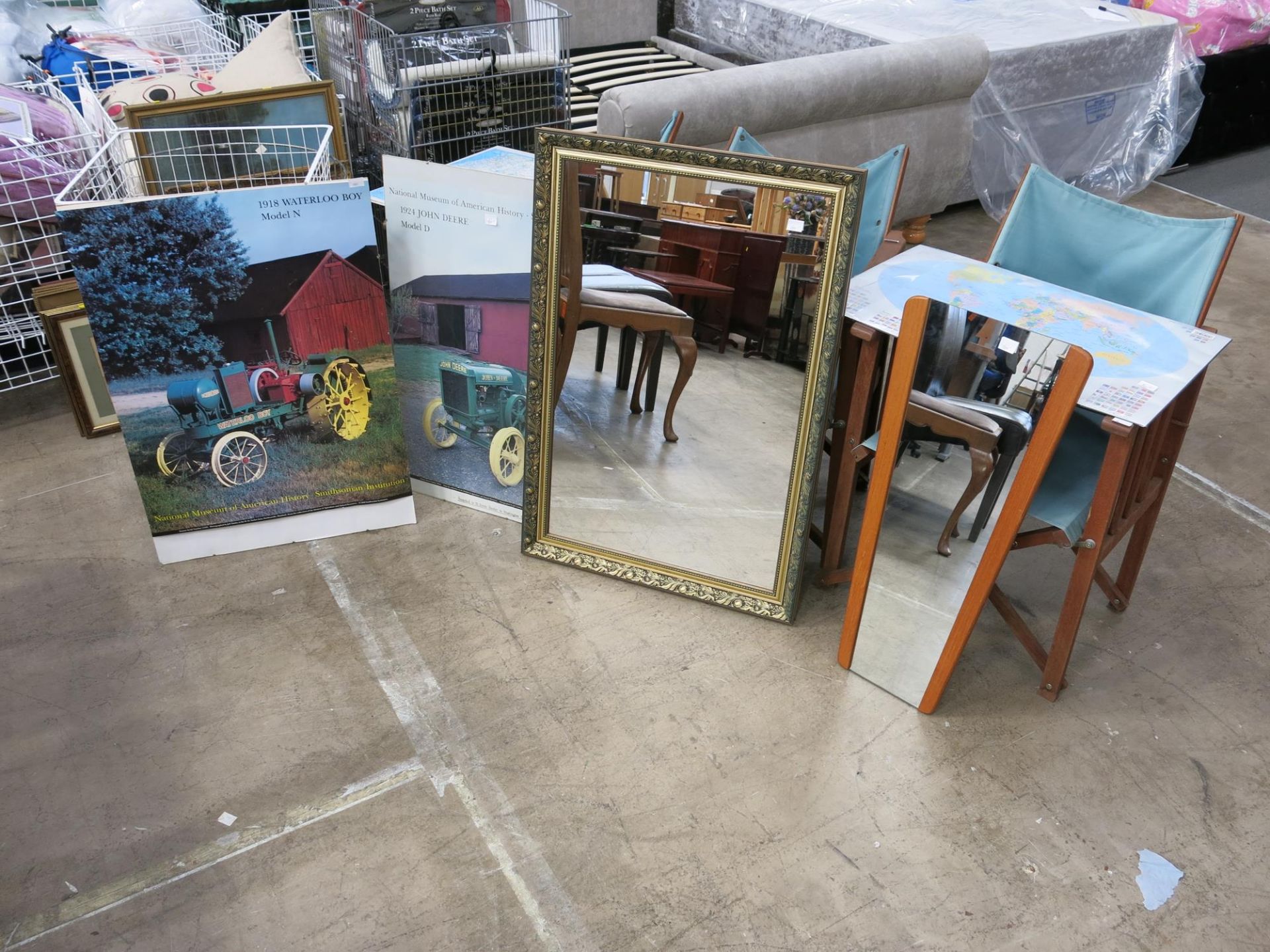 Three 'canvas' folding chairs (A/F) Together with three tractor advertising posters, two mounted