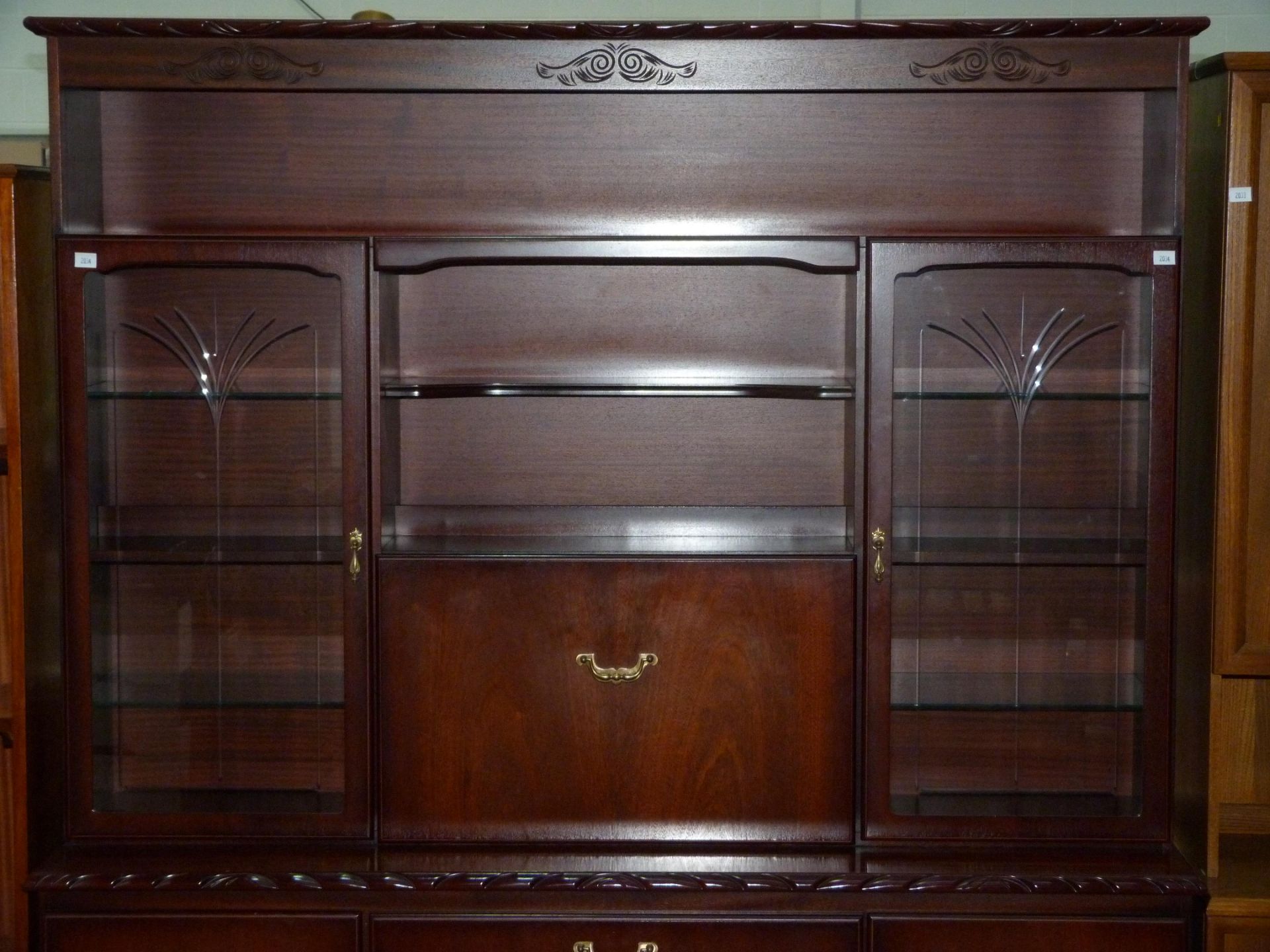 A large John Coyle illuminated buffet unit featuring brass drop handles, five doors (two with etched - Image 3 of 5