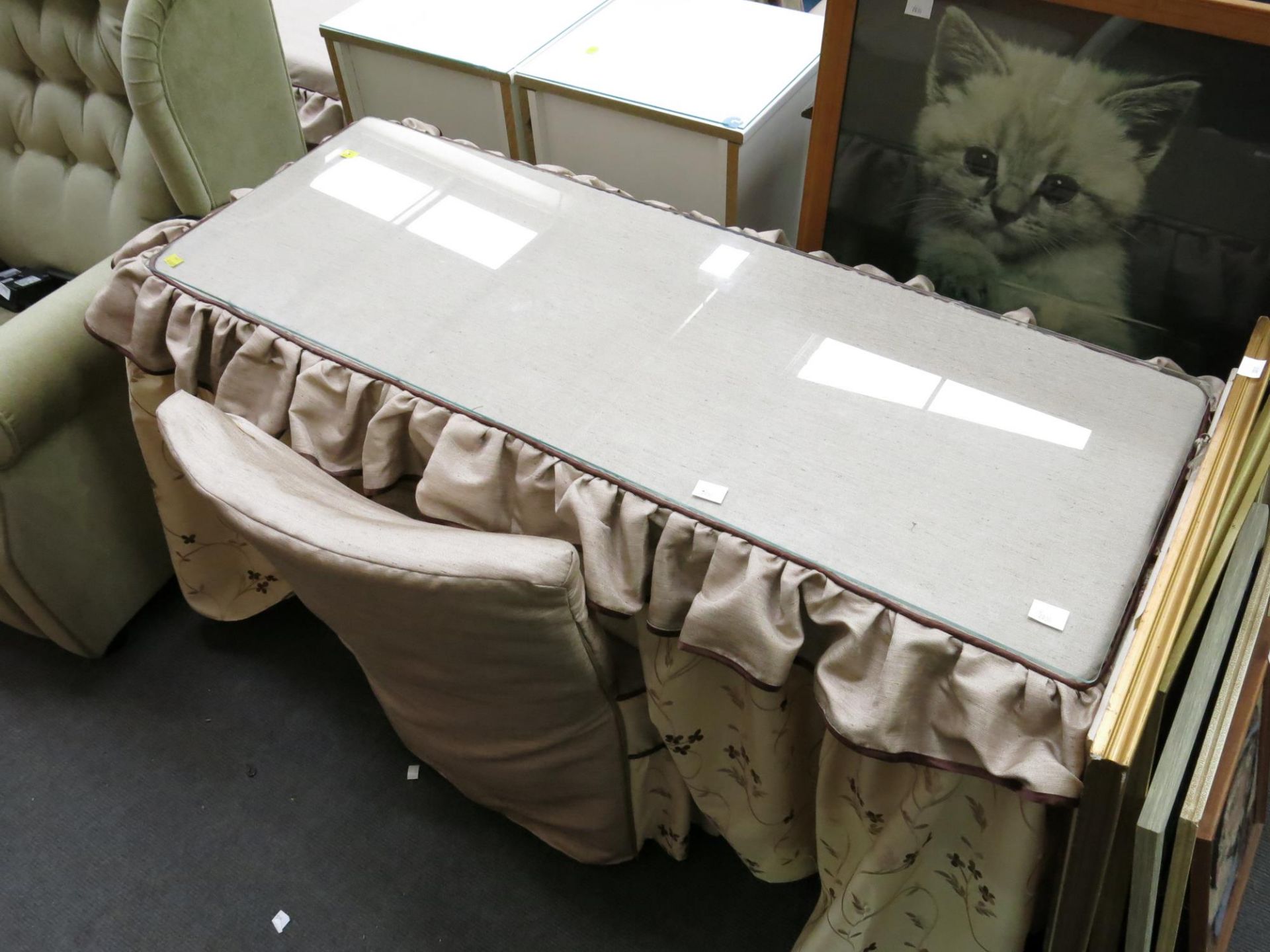 A fabric covered table with glass top together with a covered chair, Large framed picture of a - Image 8 of 8