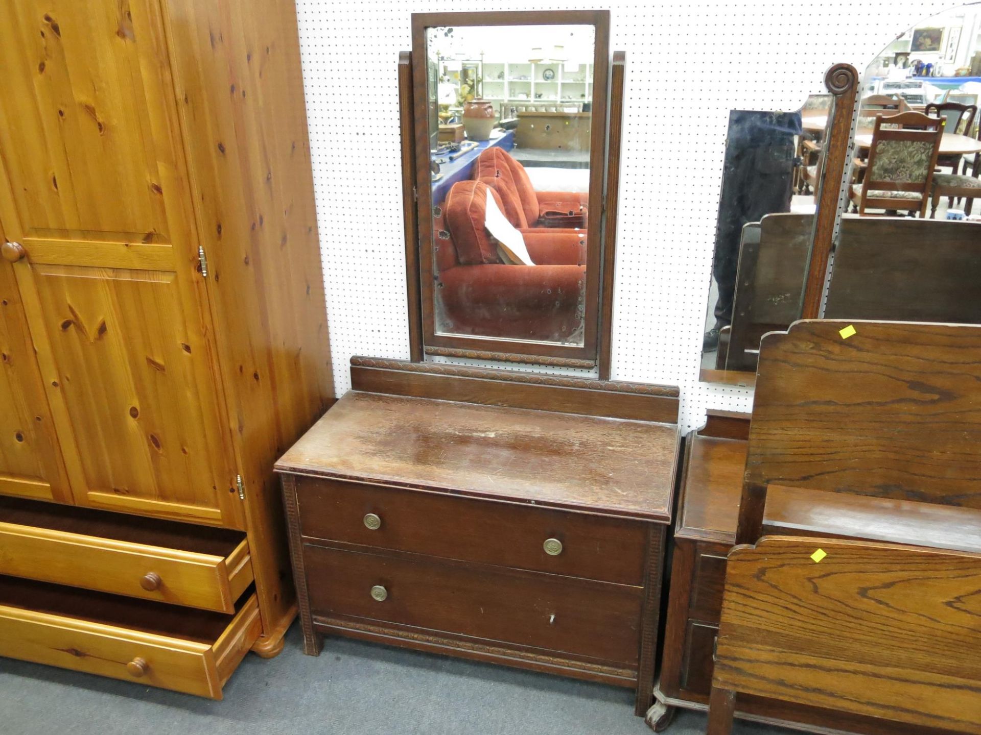 A single head and foot board together with a tilting mirror back chest of two drawers and a three - Image 3 of 4