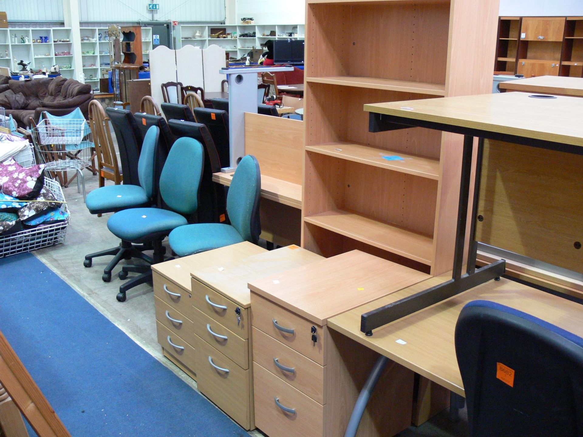 *3 x Green operators chairs on castor wheels in green 3 x various 3 drawer pedestal units and a 4