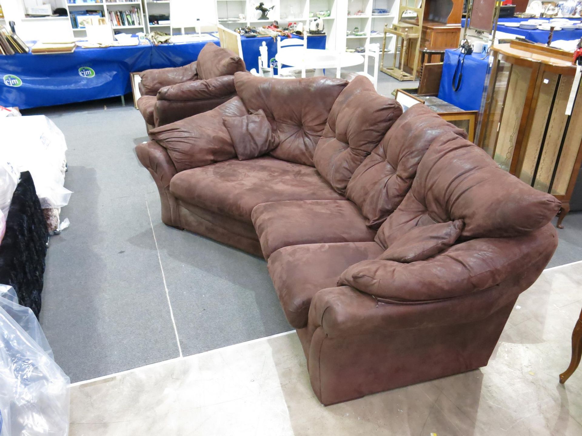 A suede effect three seat angled settee and single chair (est £60-£90)