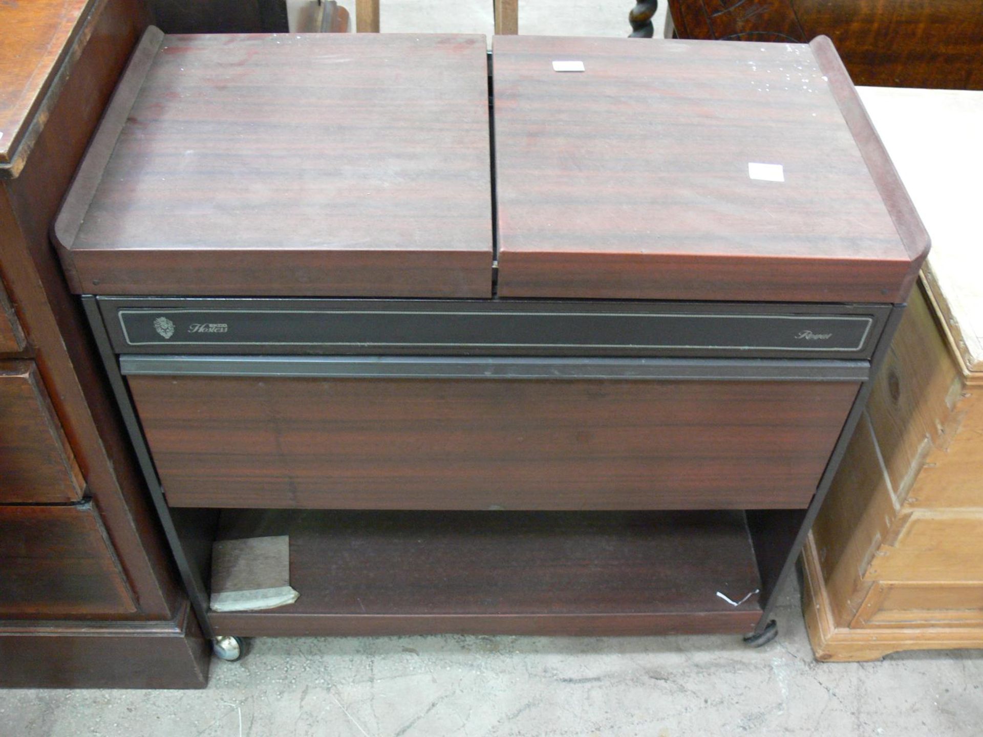 Two tall wooden plant stands together with an EKCO hostess trolley (3) (est £20-£40)