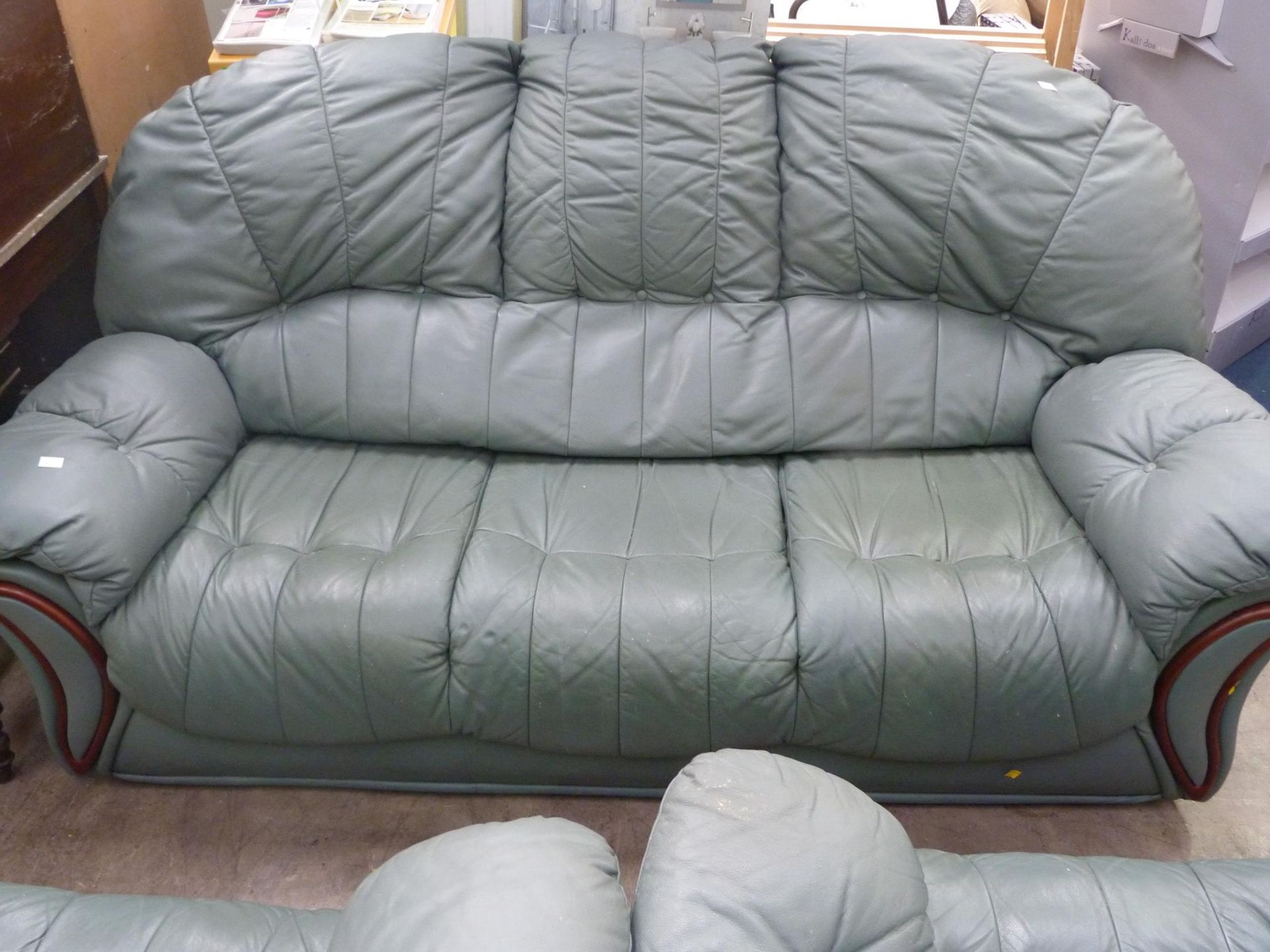 A green faux leather large deep easy three piece lounge suite. (est £30-£50) - Image 2 of 2