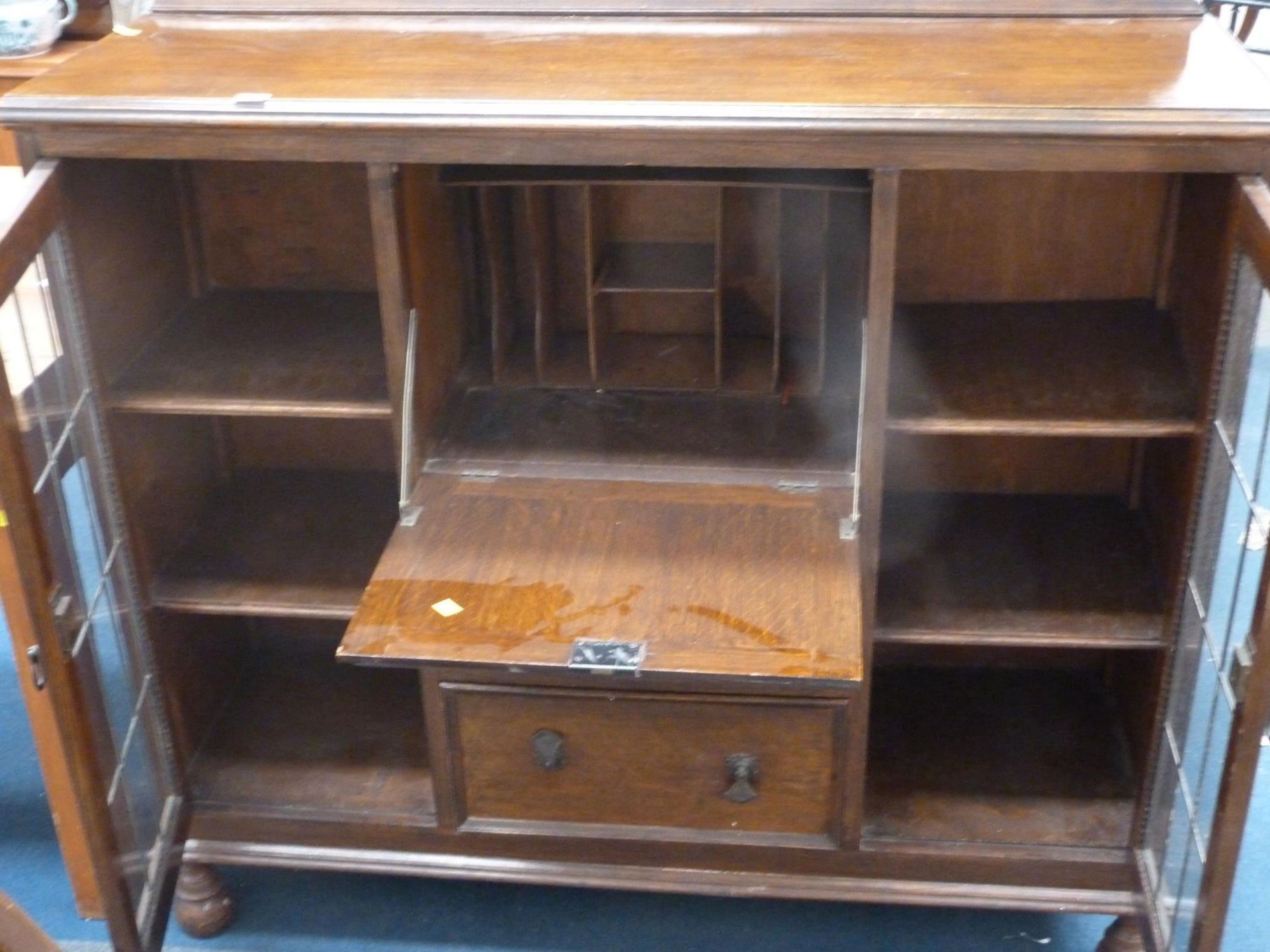 Sideboard with two leaded light doors with central cupboard with drop down door above two drawers (H - Image 2 of 3