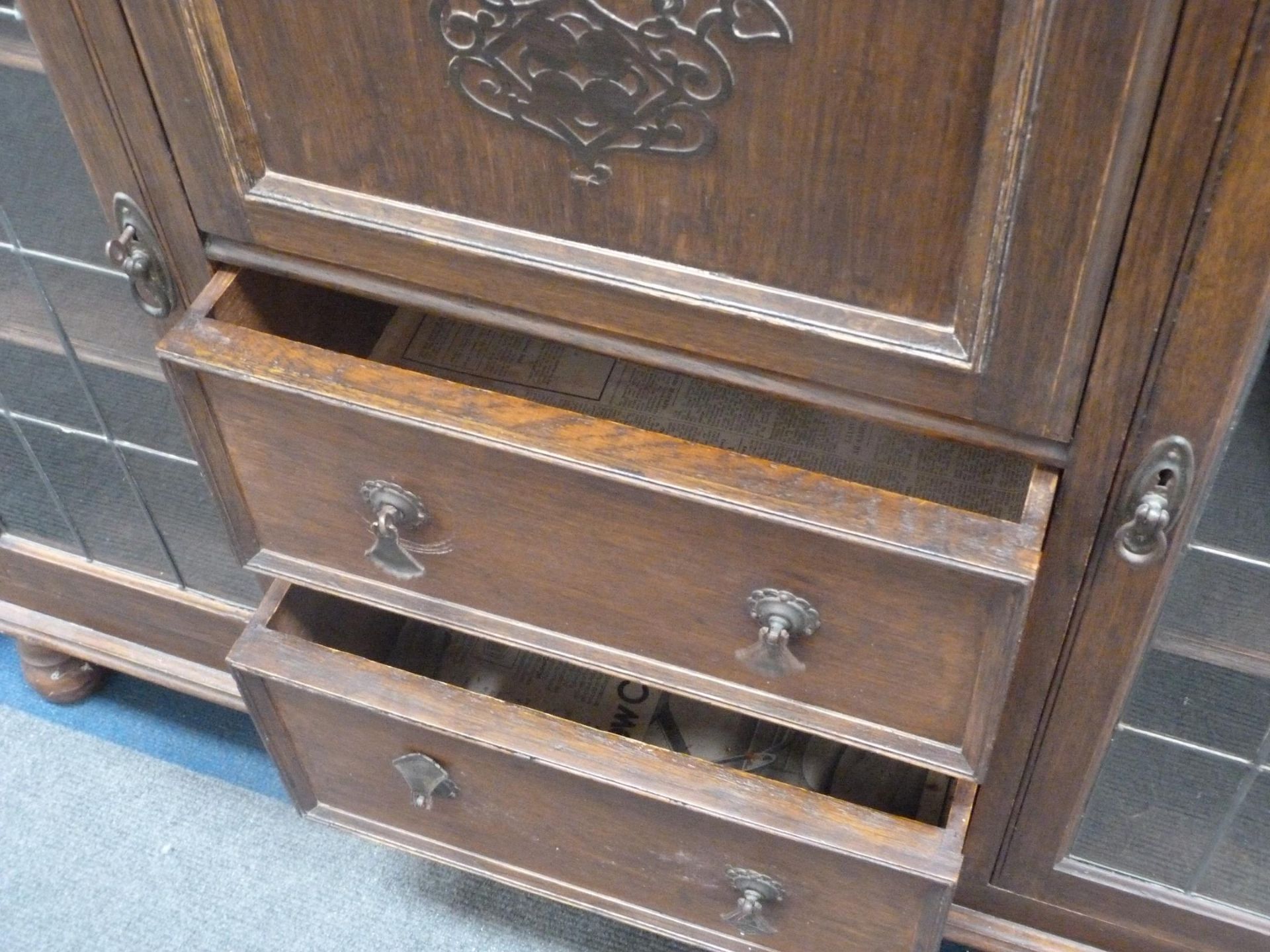 Sideboard with two leaded light doors with central cupboard with drop down door above two drawers (H - Image 3 of 3