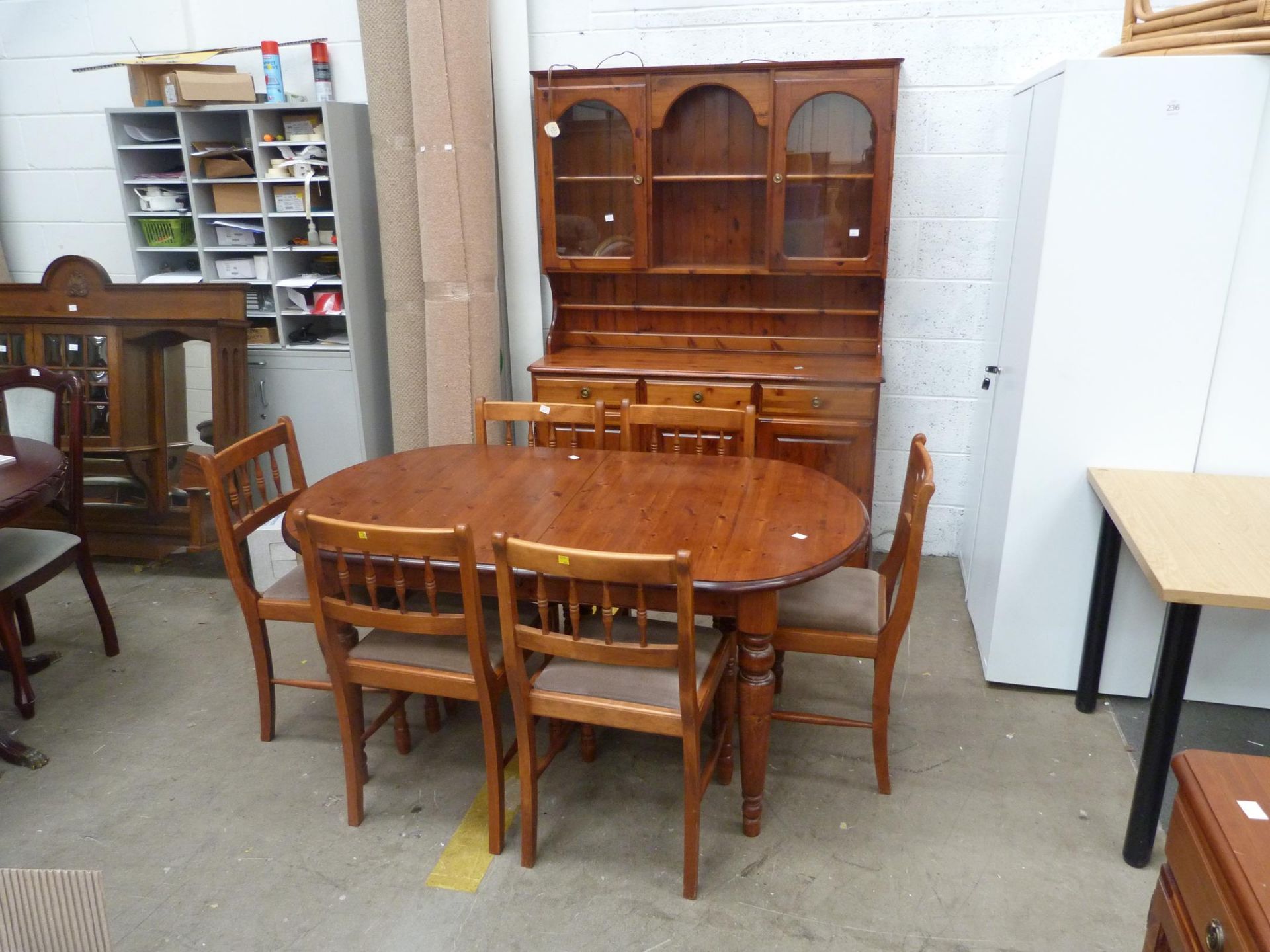 A Solid Pine Ducal Dining Table with six Chairs (Table W 90cm, L 190cm (open), L 154cm (closed)